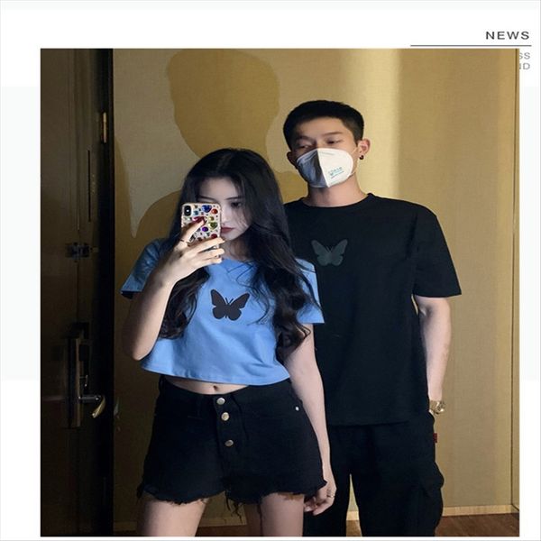 

2020 fashion couple clothes summer clothes reflective butterfly -sleeved t-shirt female summer ins super fire butterfly short coat short coa, White