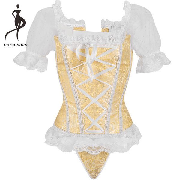 

women's steampunk clothing vintage corselets floral lace short sleeves boned bustier corset with g string 943#, Black;white