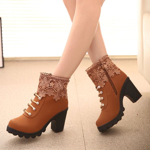 

new style women's high heels man-made diamond short boots lace tassels anti-slip boots, Black
