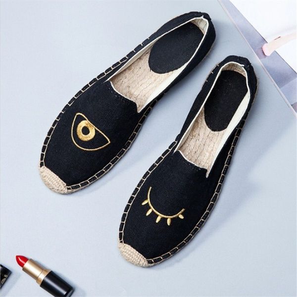 

casual women's cloth shoes spring summer new straw national style embroidery all-match lazy canvas ladies shoes breathable soft y190704, Black