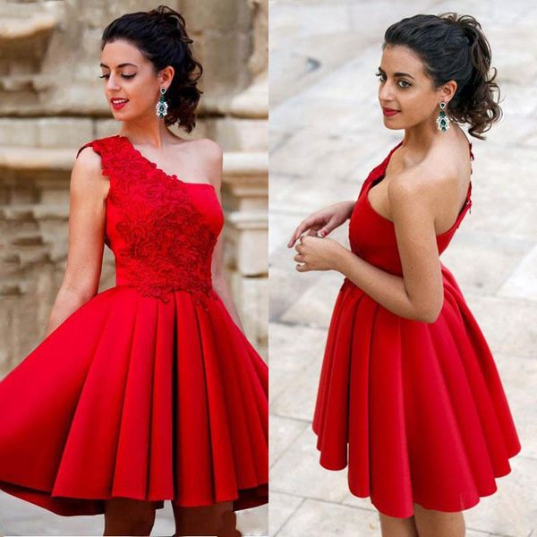 

one shoulder red cocktail dresses short 2020 homecoming dress appliques satin zipper back party gowns sweet 16 dresses, Black
