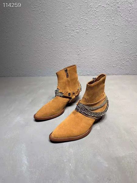 

man new brand ami ri western chain boots suede luxury footwear cowboy rock roll brown genuine leather moto embellished jodhpur boots shoes, Black
