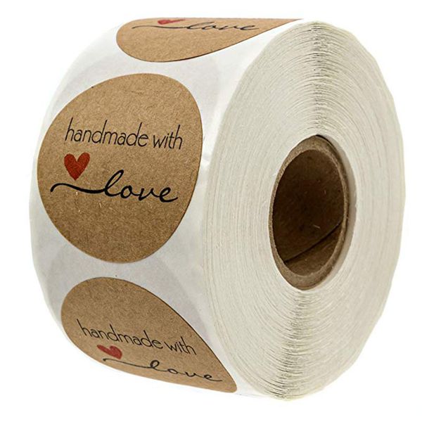 

handmade with love stickers, packaging, homemade baked 6 different designs, 1 inches, 500 adhesive labels per roll 122322