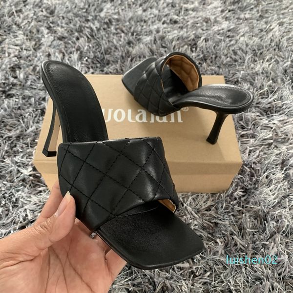 

2020 new design square toe thin high heels slippers women sandals fashion slip on slides summer woman shoes mules l02, Black