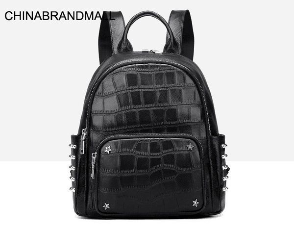 

cow skin leather crocodile pattern rivet backpack women casual bag