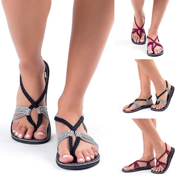 

women sandals casual beach gladiator open toe summer ankle strap knot braided cross bandage fashion leisure shoes flat bottom, Black