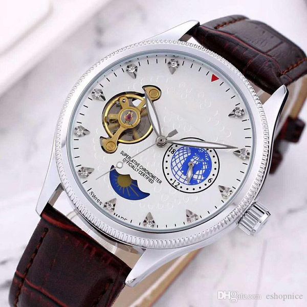 

men fashion watches all small dials work mechanical automatic movement leather strap moon phase watch for mens gift wristwatches, Slivery;brown