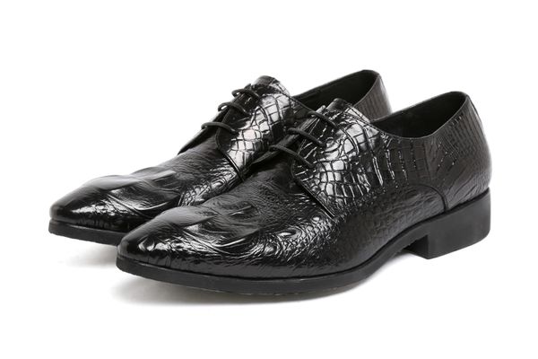 

кожаная обувь мужская шнуровка крокодиловый узор формальная одежда мужская кожаная обувь воловья кожа удобный материал, Black