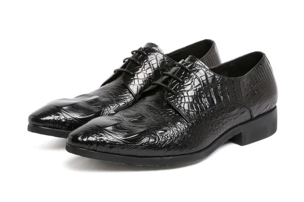 

leather shoes men's lace-up crocodile pattern formal wear men's leather shoes cowhide comfortable material, Black