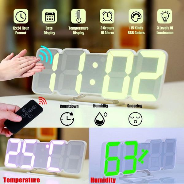 

3d remote control digital wall clock 115 rgb colors led table clock sound control desk alarm show time temperature date