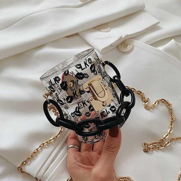 

fantasy new special design transparent lip print acrylic chain small cylindrical handbag for women fashion 3 color messenger bag