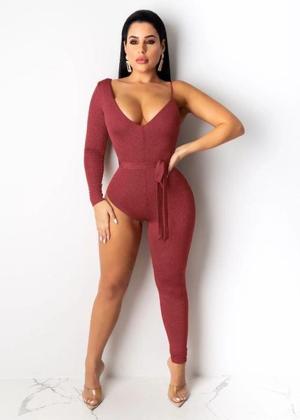 

spaghetti strap one sleeve jumpsuit club outfits one legged piece bodycon overalls party bodysuit 2020, Black;white