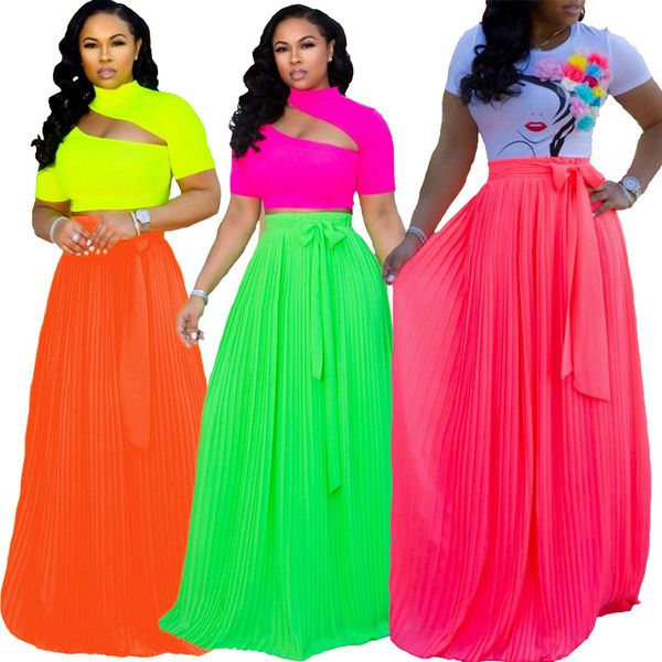 

bkld fashion neon color skirt high waist chiffon skirts for women 2020 summer bohemian long pleated maxi skirt green orange pink, Black