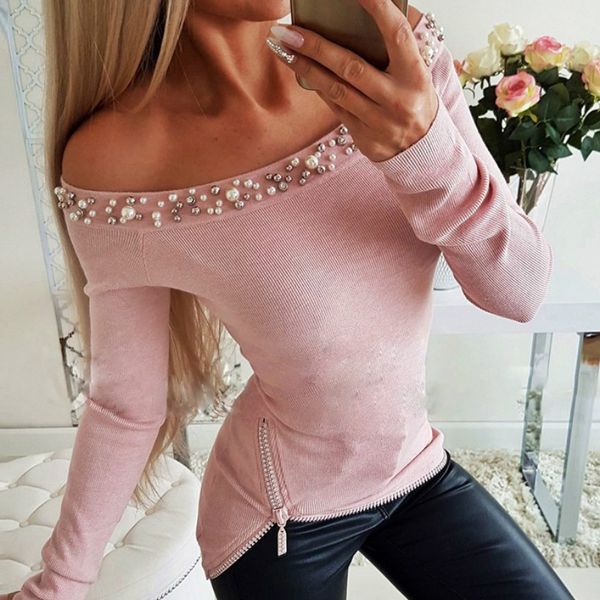 

female beading shirt fit long sleeve 2019 spring new design zipper blouses women slash neck solid off shoulder blusas, White