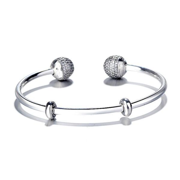 

original 925 sterling silver moments open bangle pave caps with cubic zirconia bracelet fit bead charm fashion jewelry, Black