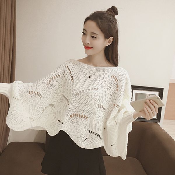 

hollow out sweater women casual o-neck autumn winter loose pullovers lantern sleeve jumpers white sweater outwear elegant v949, White;black