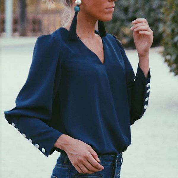 

women v neck back button blouse office ladies long sleeve casual solid shirt and 2019 autumn new fashion women, White