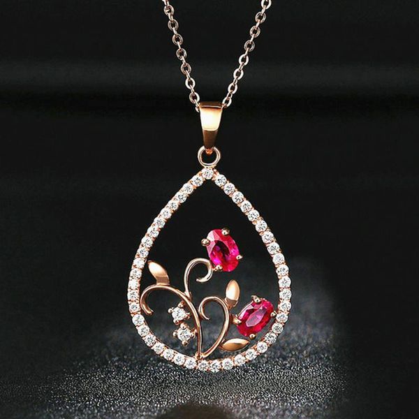 

vintage carving water drop ruby gemstones diamonds pendant necklaces for women red crystal rose gold tone choker jewelry gifts, Silver