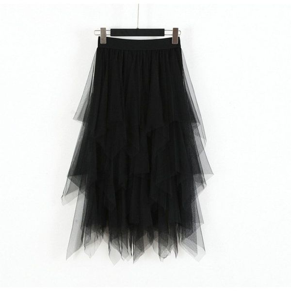 

2019 skirts women elastic high waist long skirt solid color irregular mesh stitching jupe femme wild a-line long paragraph skirt, Black