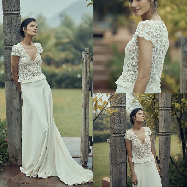 

vintage boho wedding dresses v neck lace appliqued short sleeve two pieces beach wedding dress custom made robe de mariÃ©e, White