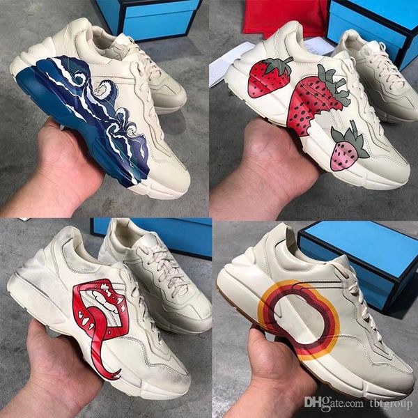 

rhyton leather sneaker mens designer shoes with strawberry wave mouth tiger web print luxury vintage trainer women designer shoes, Black