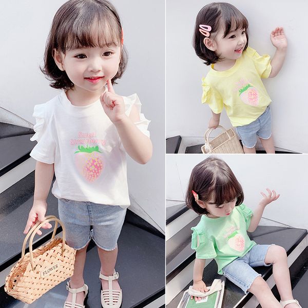 

summer girls short sleeve tshirt toddler kids clothes children letters peach print ruffles sleeve open shoulder hollow x2721, Blue