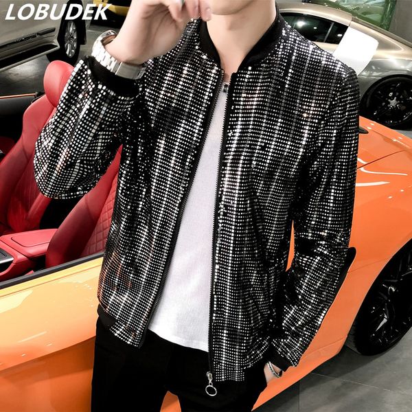 

men o-neck zipper thin slim fit casual jacket nightclub glitter silver sequins jackets stage costume sequined coat streetwear, Black;brown