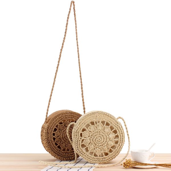 

female round shoulder bag woven bag in summer beach made of grass