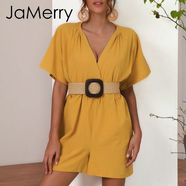 

jamerrry vintage cotton linen solid women jumpsuit romper short sleeve casual summer beach wear female playsuit ladies overalls, Black;white