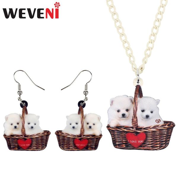 

weveni acrylic cute double pomeranian dog heart basket necklace earrings jewelry sets girls teen sweet pet charm gift decoration, Silver
