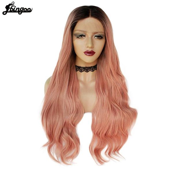 

ebingoo high temperature fiber long orange pink natural wave with dark roots synthetic lace front wig middle part for women, Black
