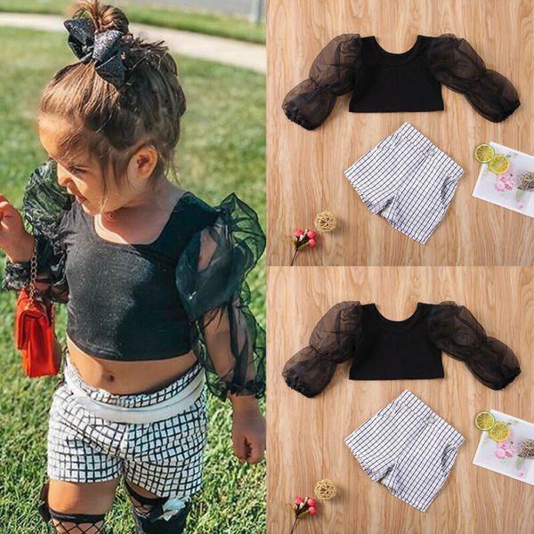 

toddler baby kid girls puff sleeve plaid shorts pants outfits clothes set, White
