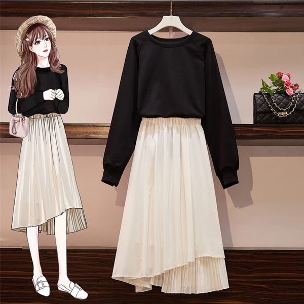 

autumn women matching set outfit casual plus size solid color two piece suit long sleeve sweatshirt and irregular pleated skirt, White