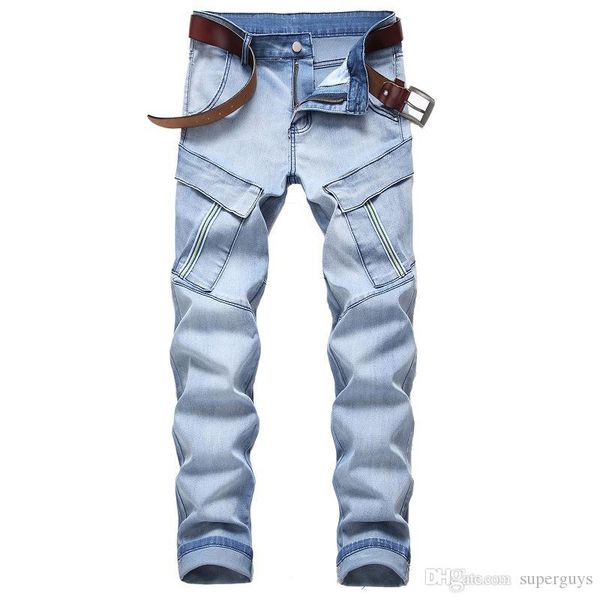 

mens jeans fashion designer multi pockets straight stretch hip hop denim men streetwear pants us size 29~42, Blue
