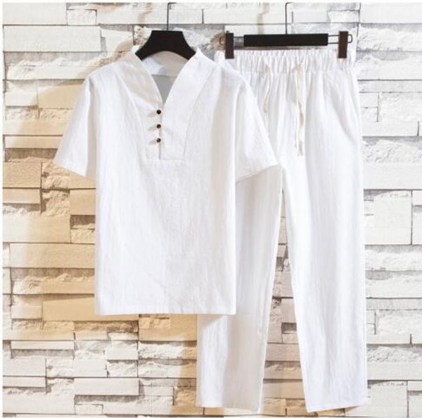 

shirt + trousers) 2019 summer fashion men shirt man cotton and linen shirts short sleeve men's casual shirts men size  to 5xl, White;black