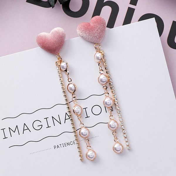

new korean cute velvet love heart long pearl tassel drop dangle earrings for women girls fashion statement jewelry 5b4001, Silver