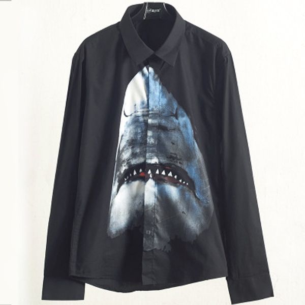 

spring and autumn new designer men's shirt shark trend printing men's long sleeve shirt fashion wild men's shirt top, White;black
