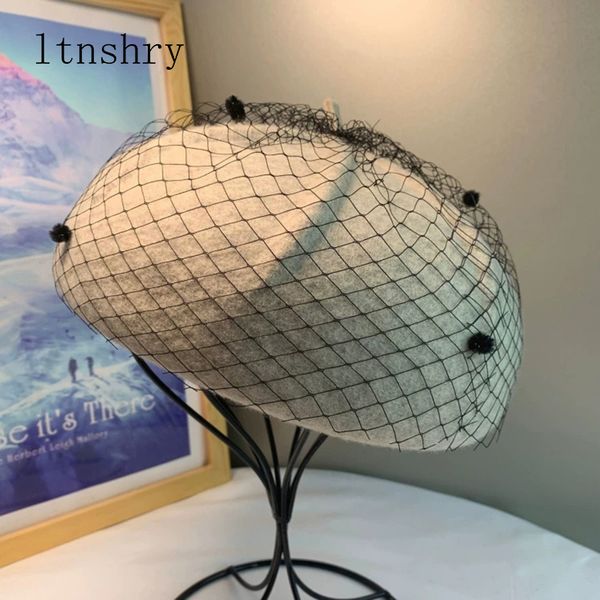 

women berets women 100%wool hats for winter solid elegant female beret hats ladies artist painter with veil, Blue;gray