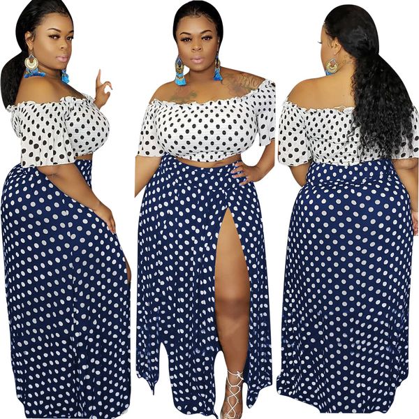

women suit polka dot printing tsplit dress tube underwear 2-piece set dress plus size l-4xl, White