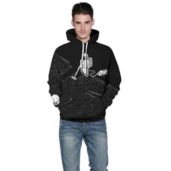 

funny o-neck fashion hoodies men women 3d sweatshirts print astronaut vacuum cleaner thin hooded hoodies hoody harajuku, Black