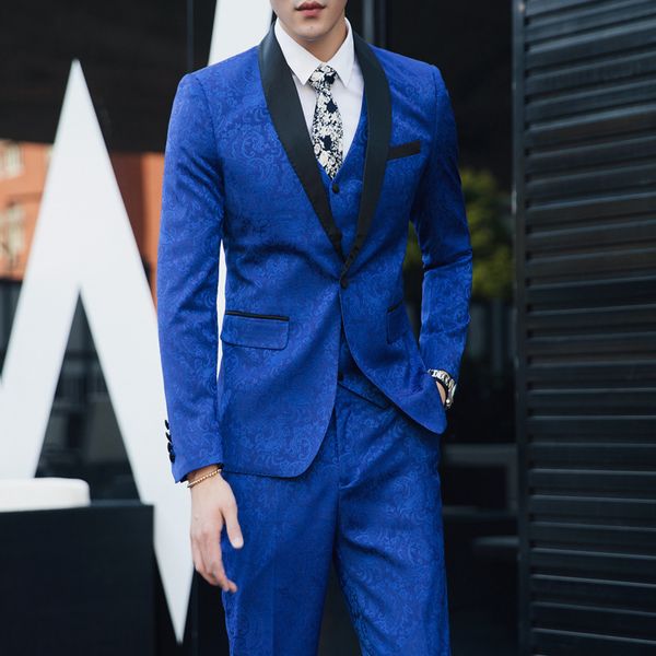 

jacquard groom tuxedos royal blue men wedding tuxedos black lapel slim fit men jacket blazer fashion 3 piece suit(jacket+pants+tie+vest) 881, Black;gray