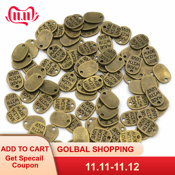 

50pcs square made with love bronze metal charms pendants bracelet necklace beads for jewelry making diy accessories wholesale, Bronze;silver