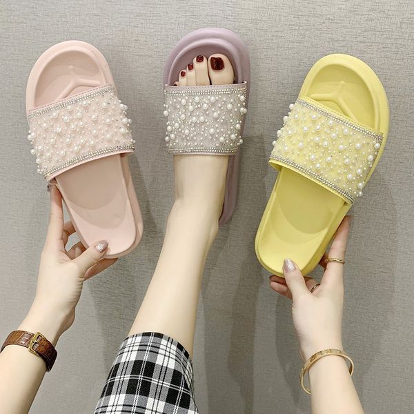 

slippers casual string bead female shoes slides med platform 2020 soft summer flat fashion pu cotton fabric string bead, Black