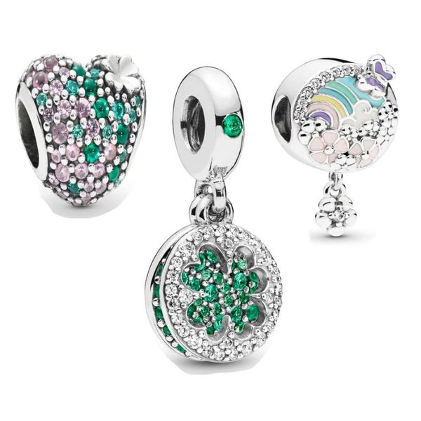 

real 925 sterling silver green four-leaf clover heart charm pack fit bracelet flower colour story charm diy jewelry