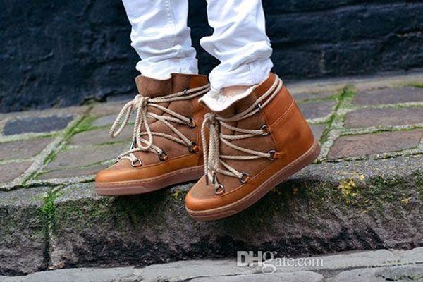 

2018 hidden wedge winter warm snow boots fur height increasing motorcycle boots lace up ankle booties black brown plush inside