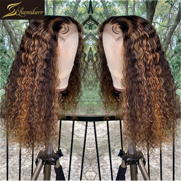 

curly colored brazilian 13Ã6 deep part hd transparent lace front human hair wigs for black women wet and wavy frontal wig remy, Black;brown