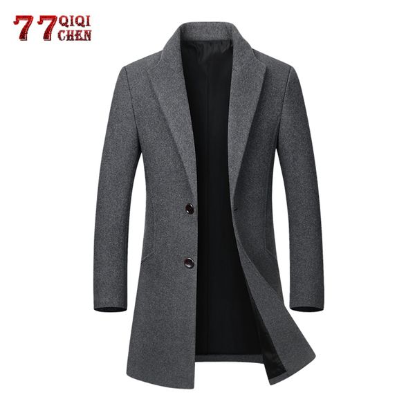 

men's woolen coat autumn winter casual slim wool jacket outwear single breasted button palto peacoat long trench coat blends 4xl, Black