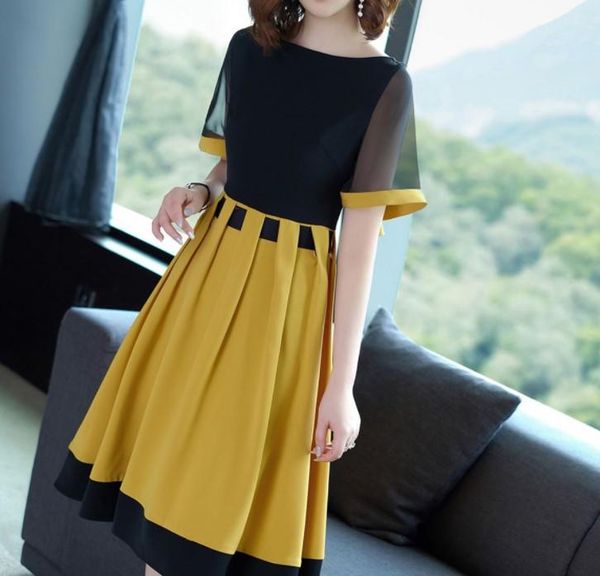 

summer new style tsummer new style temperament contracted color contrast dress in women's long a word loose short sleeve color skirt, Black;gray