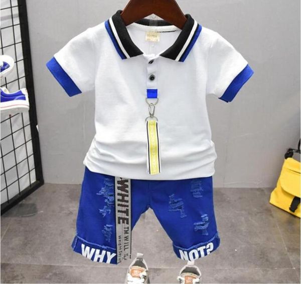 

2020 kids summer set boy lapel t-shirts+shorts set cute cotton male baby toddler children's clothing casual outfits 2-7y, White