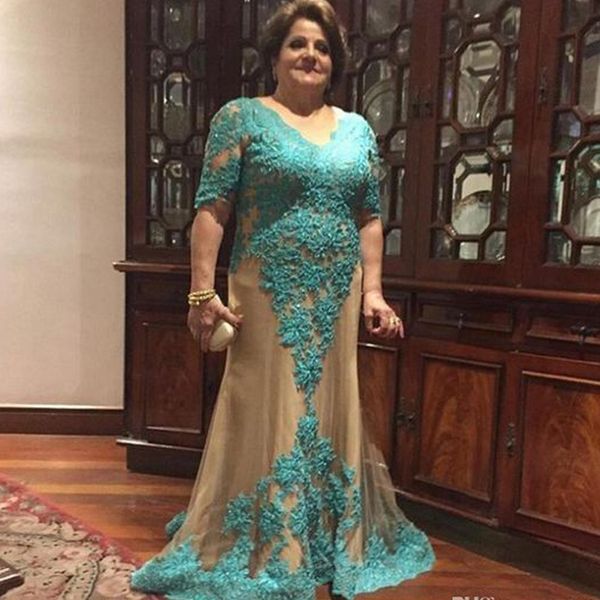 

aqua green lace mom evening dresses for wedding with short sleeves jewel champagne tulle beaded mother of the bride party dress women plus, Black;red